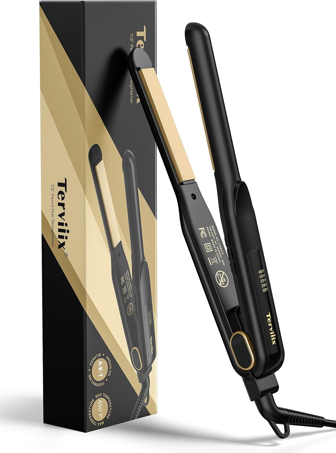 Terviiix Small Flat Irons for Short Hair, Pencil Flat Iron Hair Straightener for Edges, Mini Flat Iron for Pixie Cut & Touch Ups, Hair Straightener and Curler 2 in 1, Dual Voltage, 1/2", Black Gold