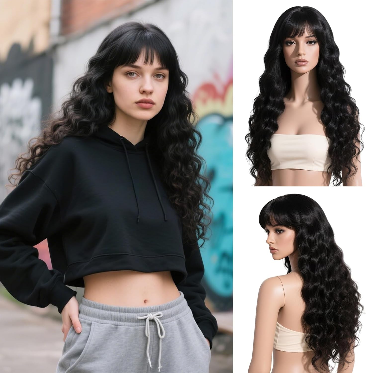 Xeelfaro Black Wavy Long Wig for Women Full Head with Natural Bang & Textured Curls, Soft 25Inch Wig for Everyday Styling Special Moments (Black, 25Inch)