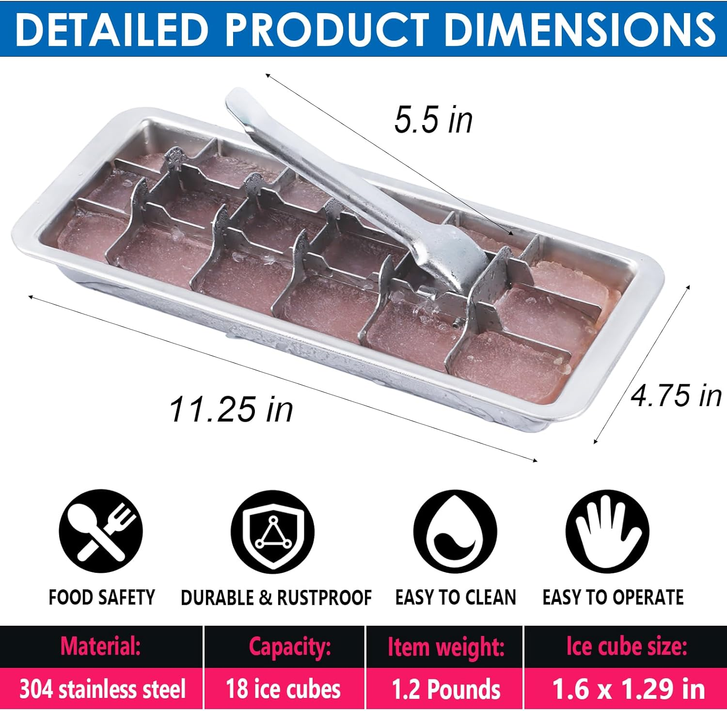 KAYCROWN 18/8 Stainless Steel Ice Cube Tray, 18 Slot Ice Tray with Easy Release Handle for Making Various Ice Cubes and Frozen Foods, Removable Slots for Easy Ice Cube Removal and Cleaning image number 5