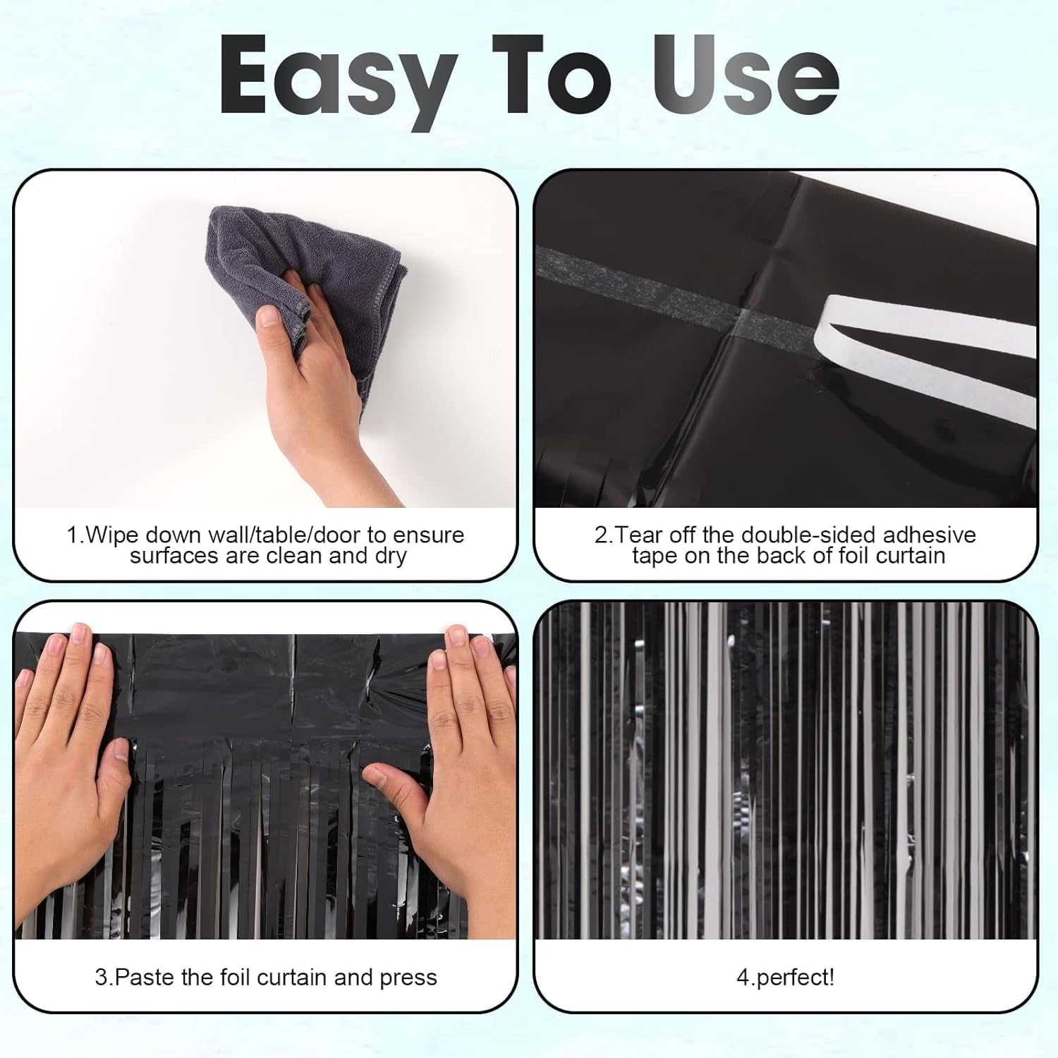 4 Pack Foil Fringe Curtains, Tinsel Streamers Birthday Party Decorations Photo Booth Props for Birthday Wedding Engagement Bachelorette Christmas Celebration Party Decorations (1X2.5M, Black) - Black image number 4