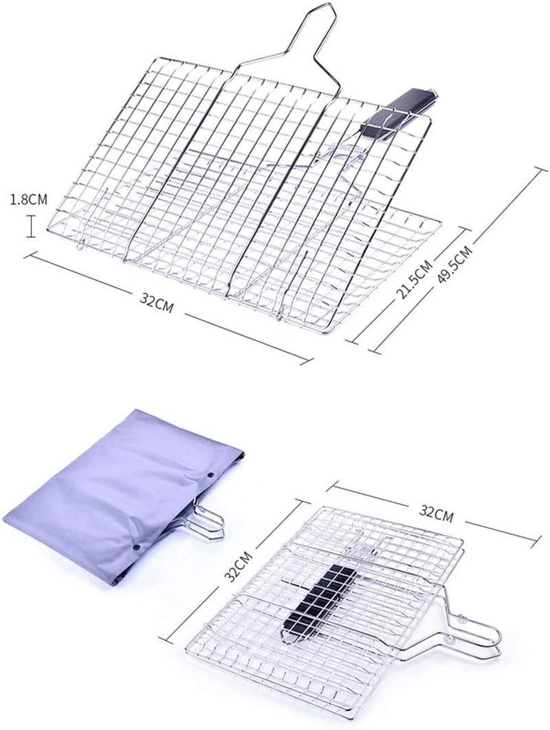 Barbecue Grill Basket, Foldable Non Stick Stainless Steel Wire Mesh Net Clip, Portable BBQ Grill Tool with Handle for Fish Vegetables Meat Steak Shrimp Chops image number 1
