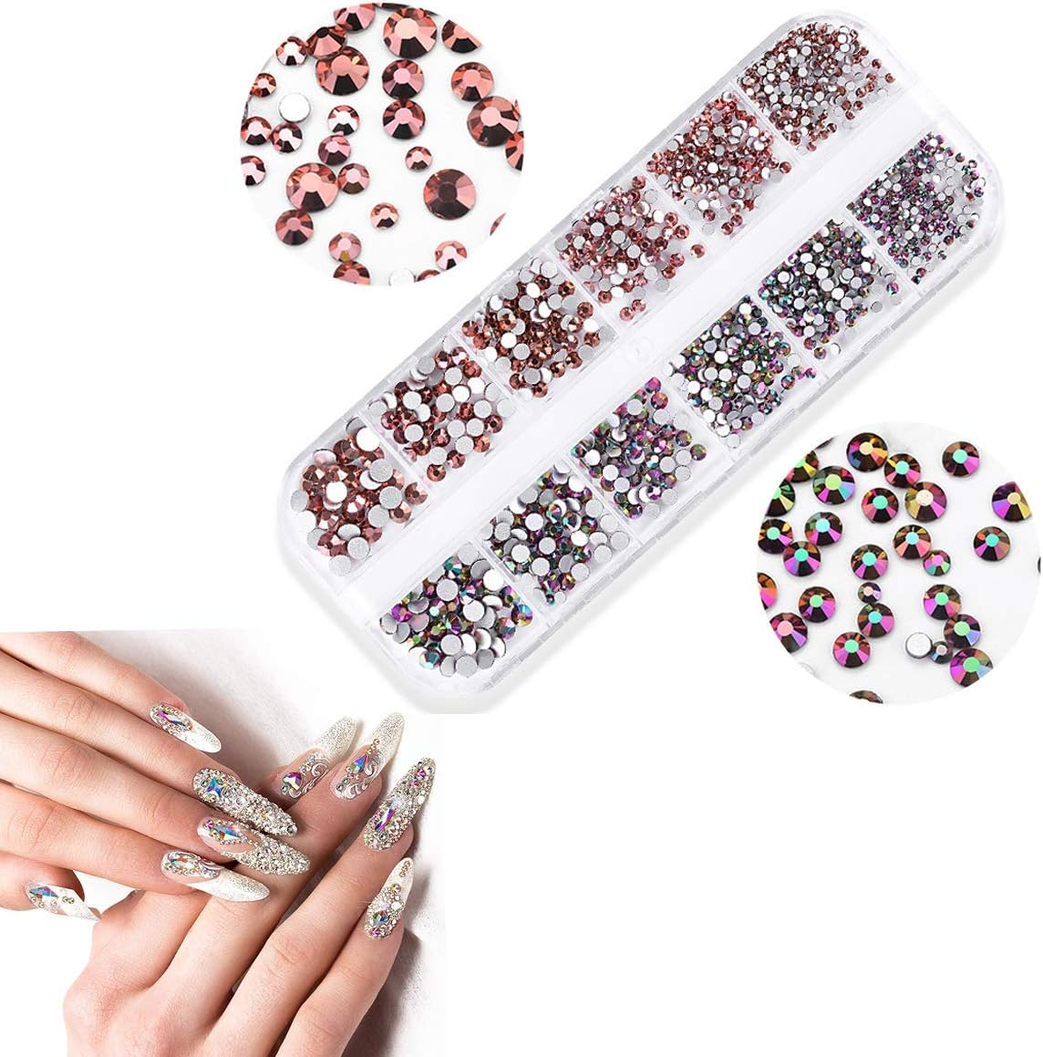 GBSTORE Nail Art Crystal Rhinestones,3D AB Glass Rhinestones, Nail Art Studs Nail Sequins for DIY Nails Art Clothes Shoes Crafts Decorations, Mixed Size and Colors,Approx1440-2080Pcs (Silver)