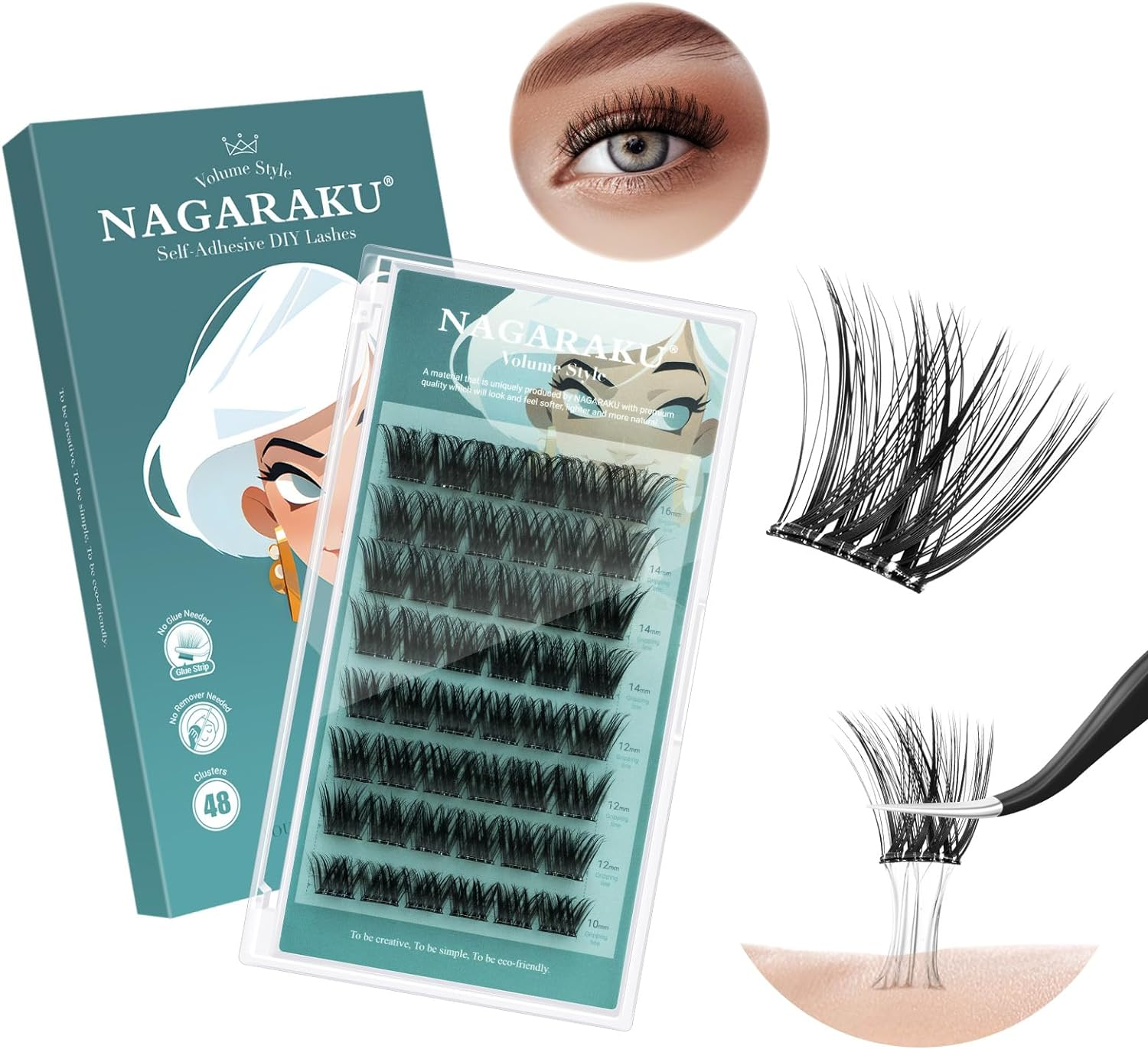 NAGARAKU Self Adhesive DIY Eyelash Clusters 48 Pcs No Glue and Remover Needed One-Step Press on Pre-Glued Self Stick No Damage Reusable Cluster Lashes Volume Style (SA-02, 0.07Mm C Curl 10-16Mm) image number 1