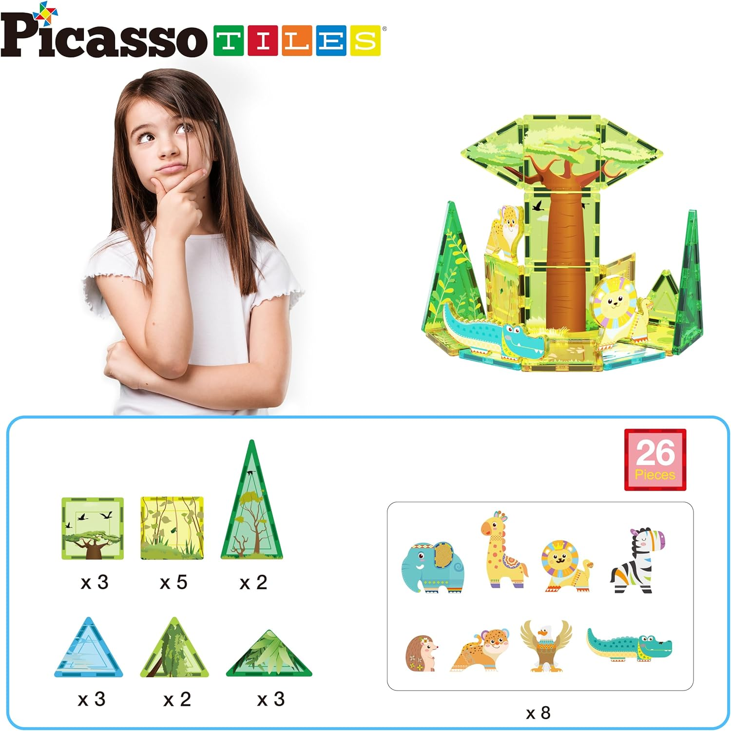 Picassotiles Magnet Tile Building Blocks Safari Themed Playset with 8 Animal Character Action Figures Magnetic Tiles STEM Learning Imaginative Play Toy Construction Set Preschool Toddler Ages 3+ PTQ22 image number 2