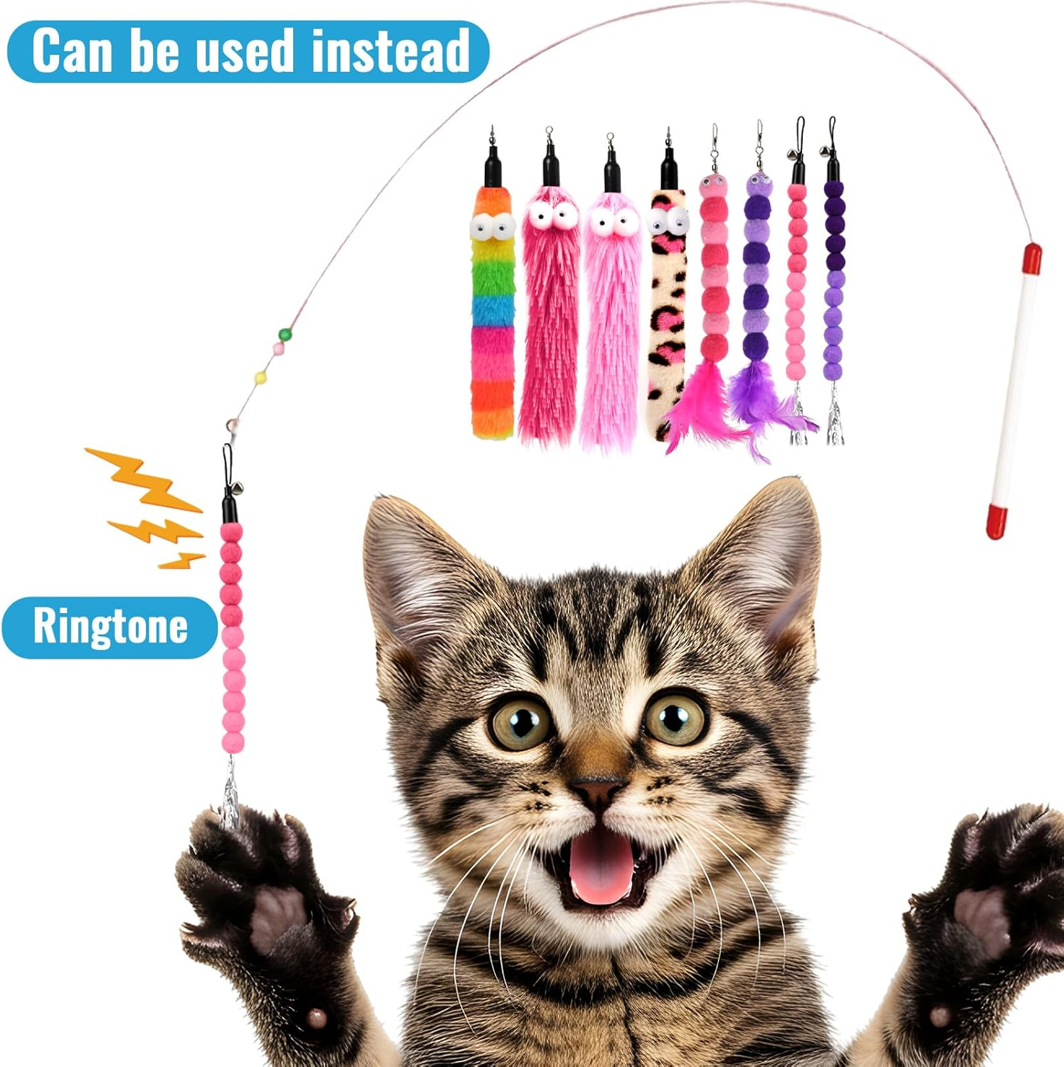 Styquenzer Cat Worm Toy Refills, 8 Pieces Cat Wand Replacement Worm Cats Toys Assorted Worms Feather Refill Toy Cats Wand Attachments for Interactive Indoor image number 2