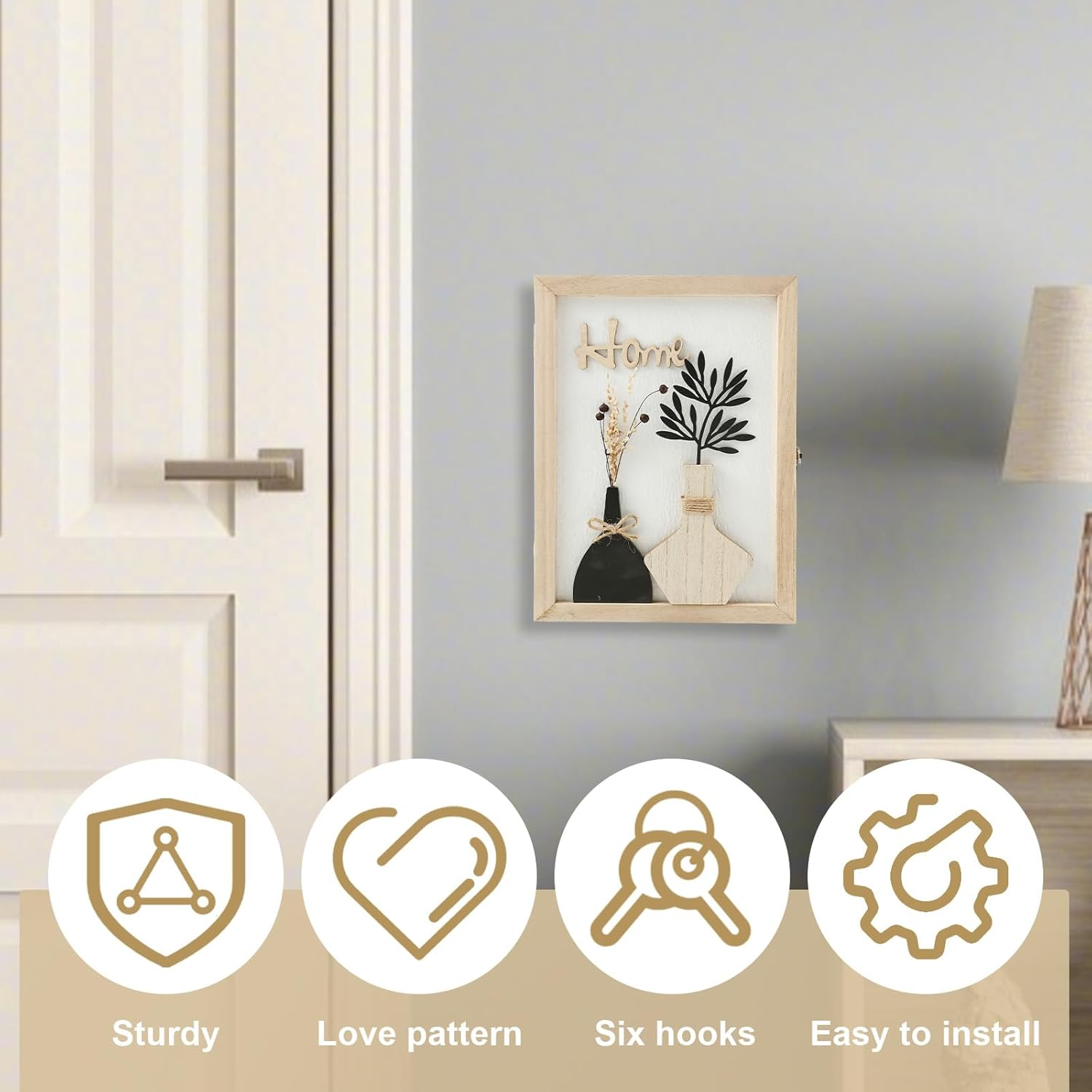 Wooden Key Box, Key Holder Wall Mount Decorative Wooden Key Cabinet Holder with 6 Hooks Rustic Access Card Hanger Organizer for Home Entryway Hallway (Beige A) image number 6