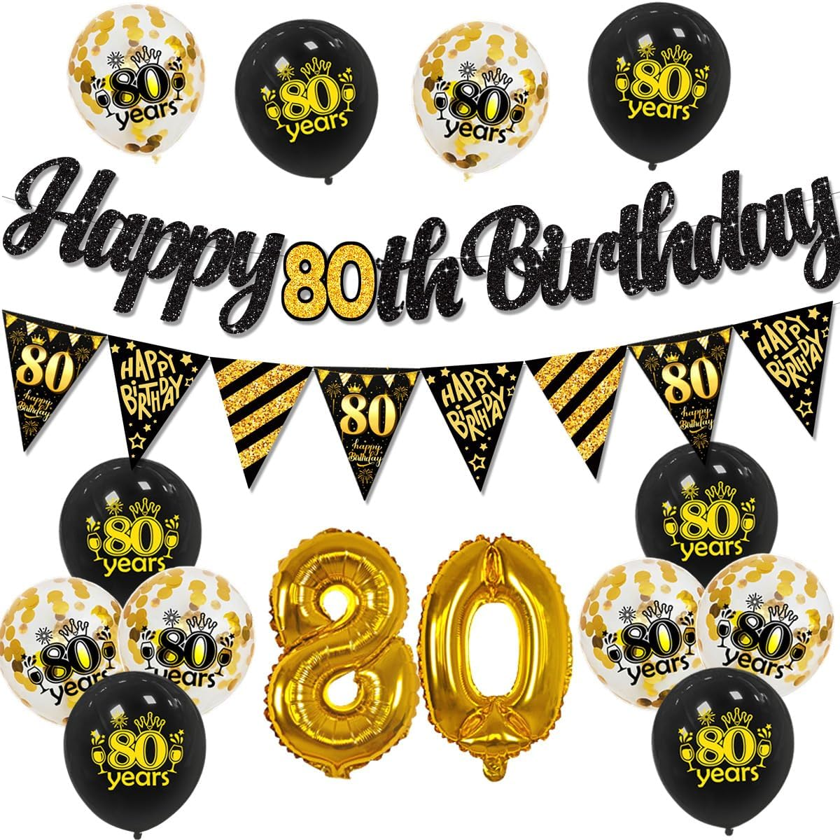 Buziba Happy 80Th Birthday Banner Black Gold Birthday Decorations Backdrop 80 Years Birthday Balloons Party Supplies Photography Background for Men Women (80Th) image number 1