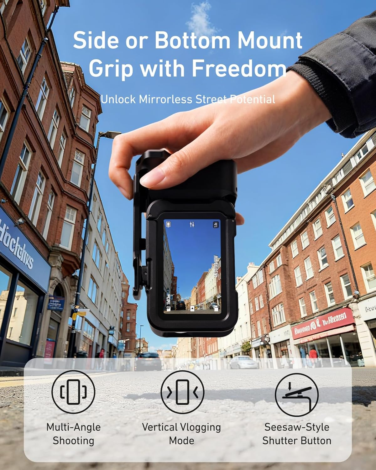 TELESIN Metal Aluminum Alloy Street Grip Kit for DJI Action 6 with Metal Cage Camera Grip Holder with Seesaw Shutter Button Aluminum Alloy Shell Backup TF Card Slot Quick Battery Access