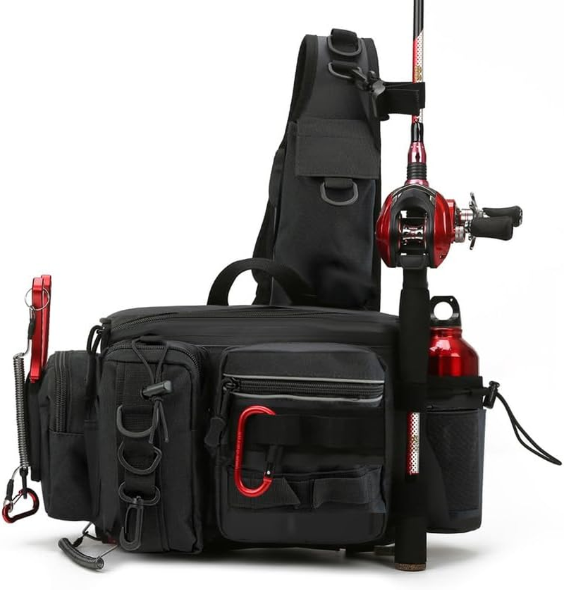 Fishing Tackle Storage Bag Fly Fishing Gear Pack Backpack for Men and Women Sling Bag Shoulder Cross Body Fishing Bag with Rod Holder Hiking Waterproof Nylon (Black) image number 1