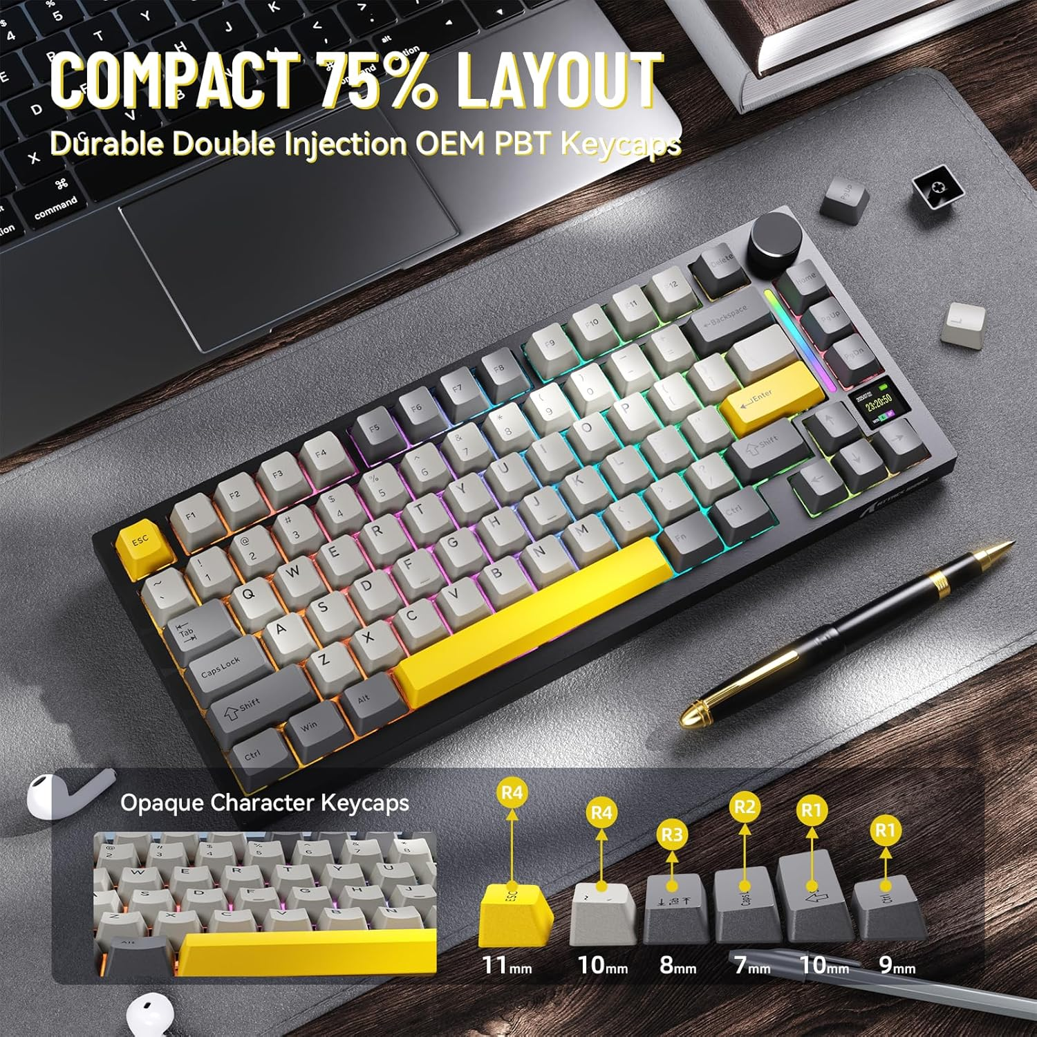 Attack Shark X820 Ultra Wireless Mechanical Keyboard with TFT Smart Display&Knob,75% Bluetooth/2.4Ghz/Usb-C Wired Gaming Keyboard,Gasket-Mounted Linear Switch with Coiled Cable,For Win/Mac-Gray image number 5