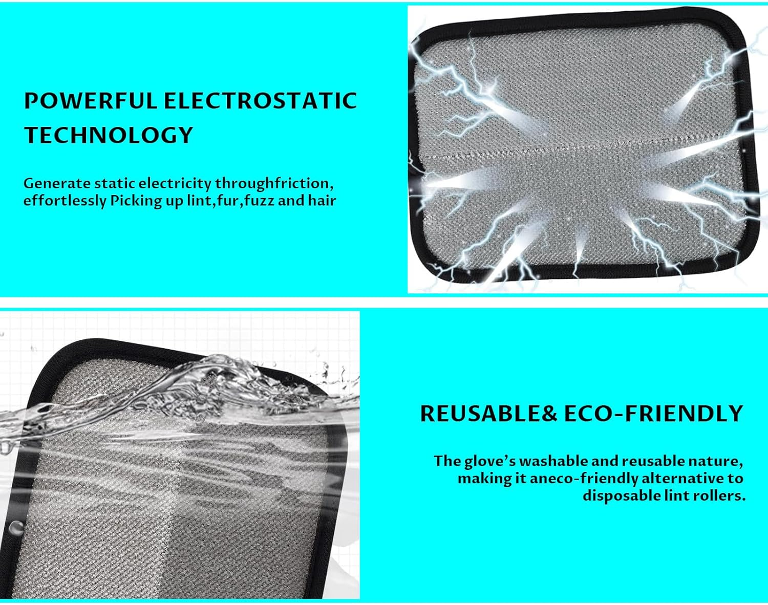 VCCLFSIA 2-Pack Electrostatic Pet Hair Remover, Double-Sided Pet Hair Removal Gloves, Reusable Cat & Dog Grooming Gloves for Couch, Furniture, Carpet, Car Seat, Blankets, Clothes image number 6