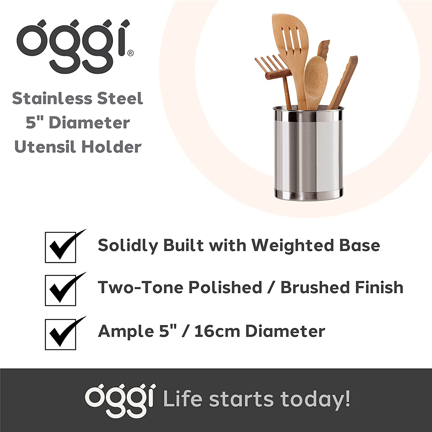 Oggi Stainless Steel Utensil Holder - 5" Diameter, Utensil Caddy, Weighted Base for Stability - Larger-Sized Utensil Crock and Countertop Utensil Organizer, Stainless Steel image number 1