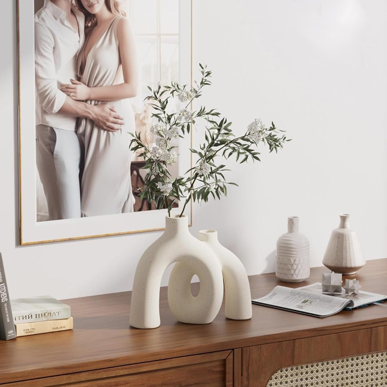 Beige Rough Texture Ceramic Vase, Decorative Arch Design, Flower Vase for Living Room Home Decor image number 5