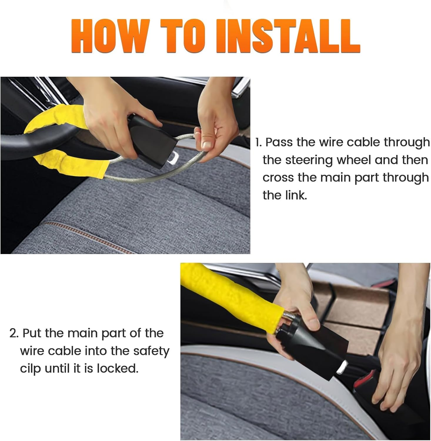 Car Steering Wheel & Seat Belt Lock - 17" Universal Anti-Theft Device for Vehicles, Suvs, Golf Carts | Compact & Lightweight Security Lock with Multi-Function Keys (Yellow) image number 2