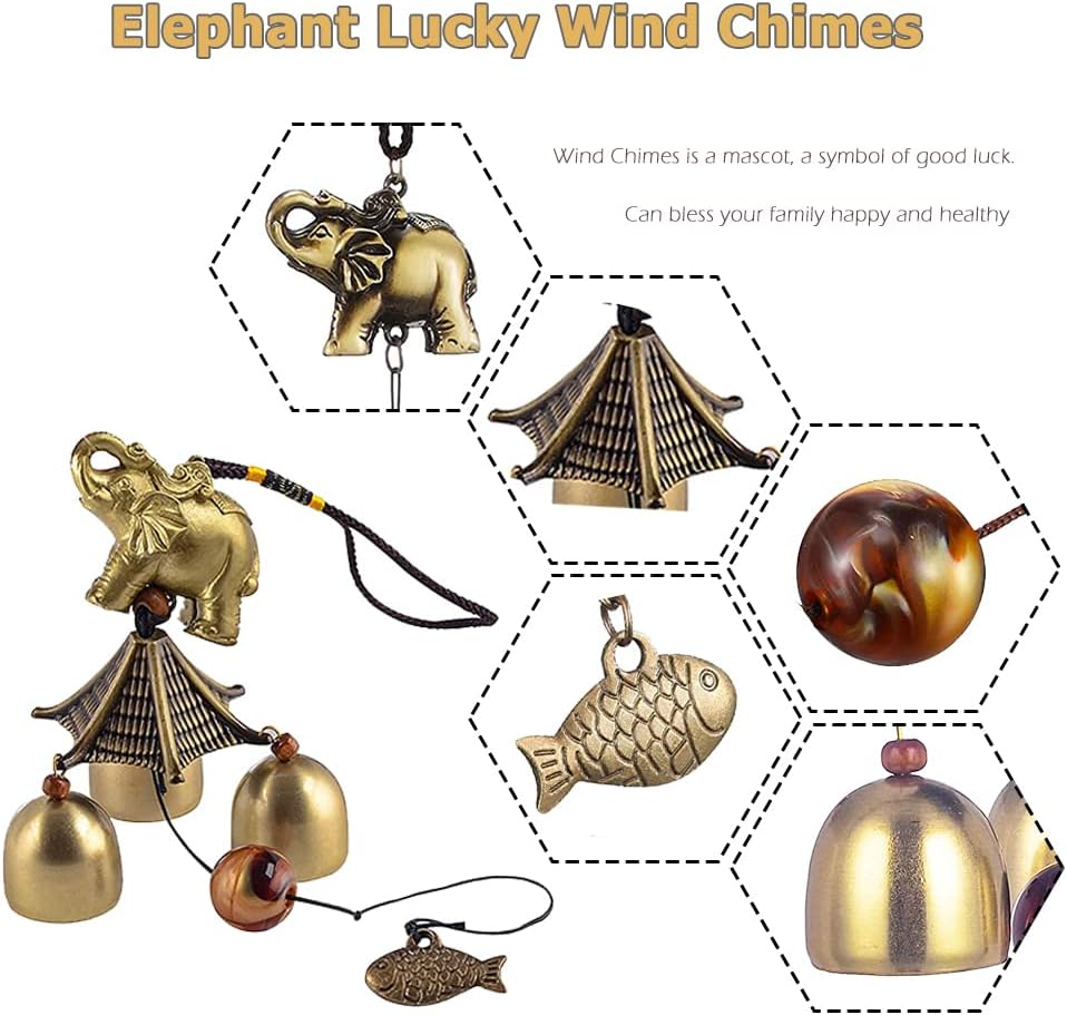 Hooshing Elephant Wind Chimes Metal Bronze Bells Feng Shui Wind Chimes for Lucky Outdoor Garden Patio Hanging Decor Gift image number 3