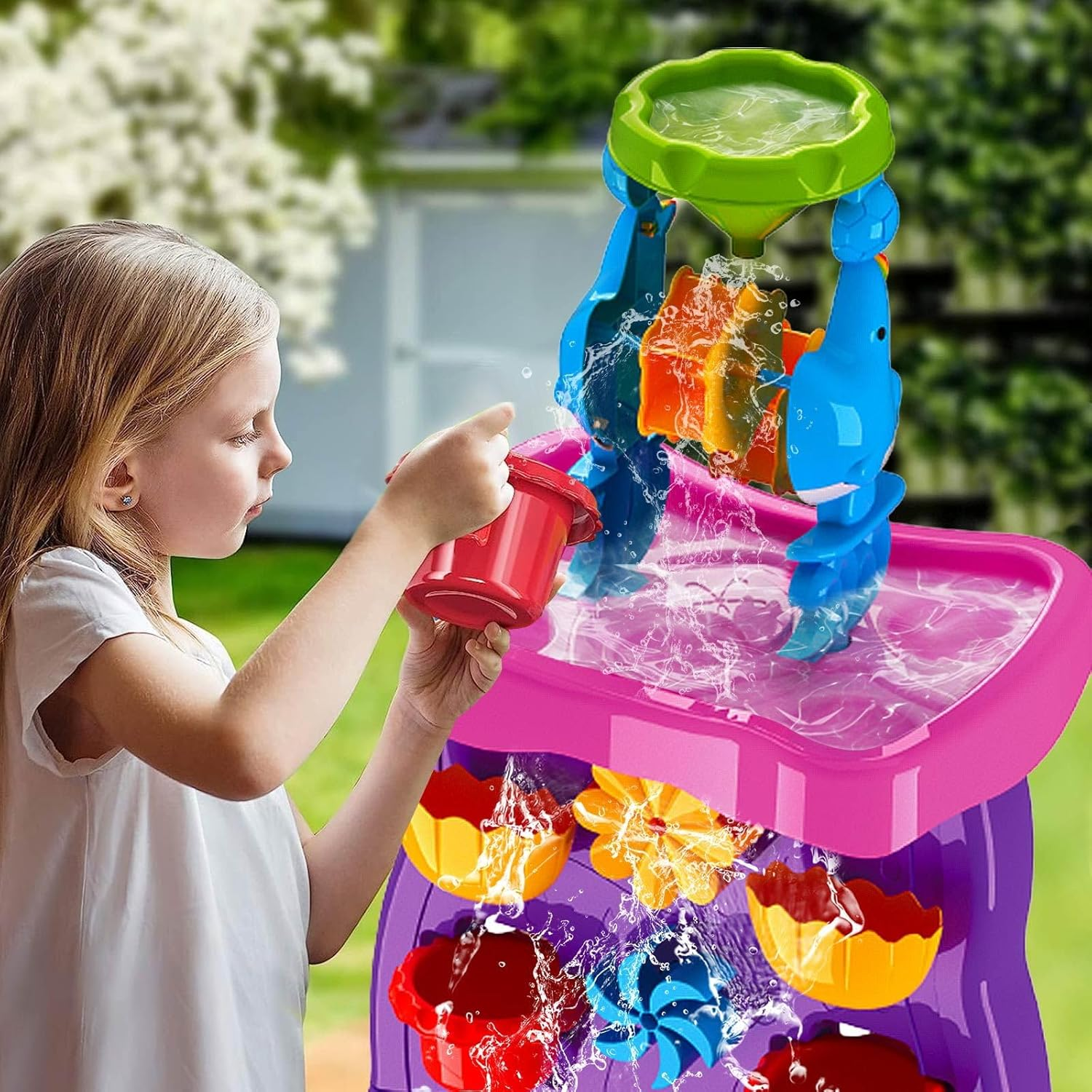 Kids Waterfall Wall Table, Double Side Water Sand Pit Pool Toys Play Ground Activity Centre Park Beach Backyard Indoor Outdoor Game Playset image number 2