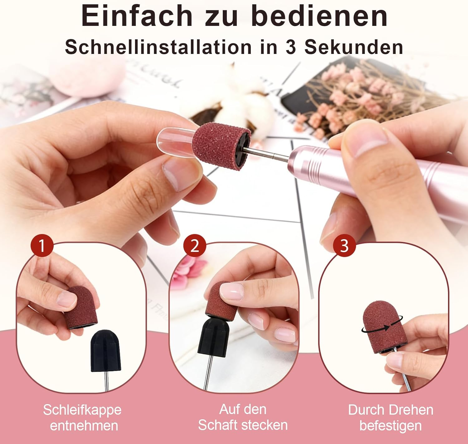 CYSFETENA 120# Grit Sanding Caps Set for Nail Drill, 50 Pieces Manicure Sanding Belts with Shank, Durable Nail Cutter Accessories for Polishing and Sanding Nails Glass image number 2