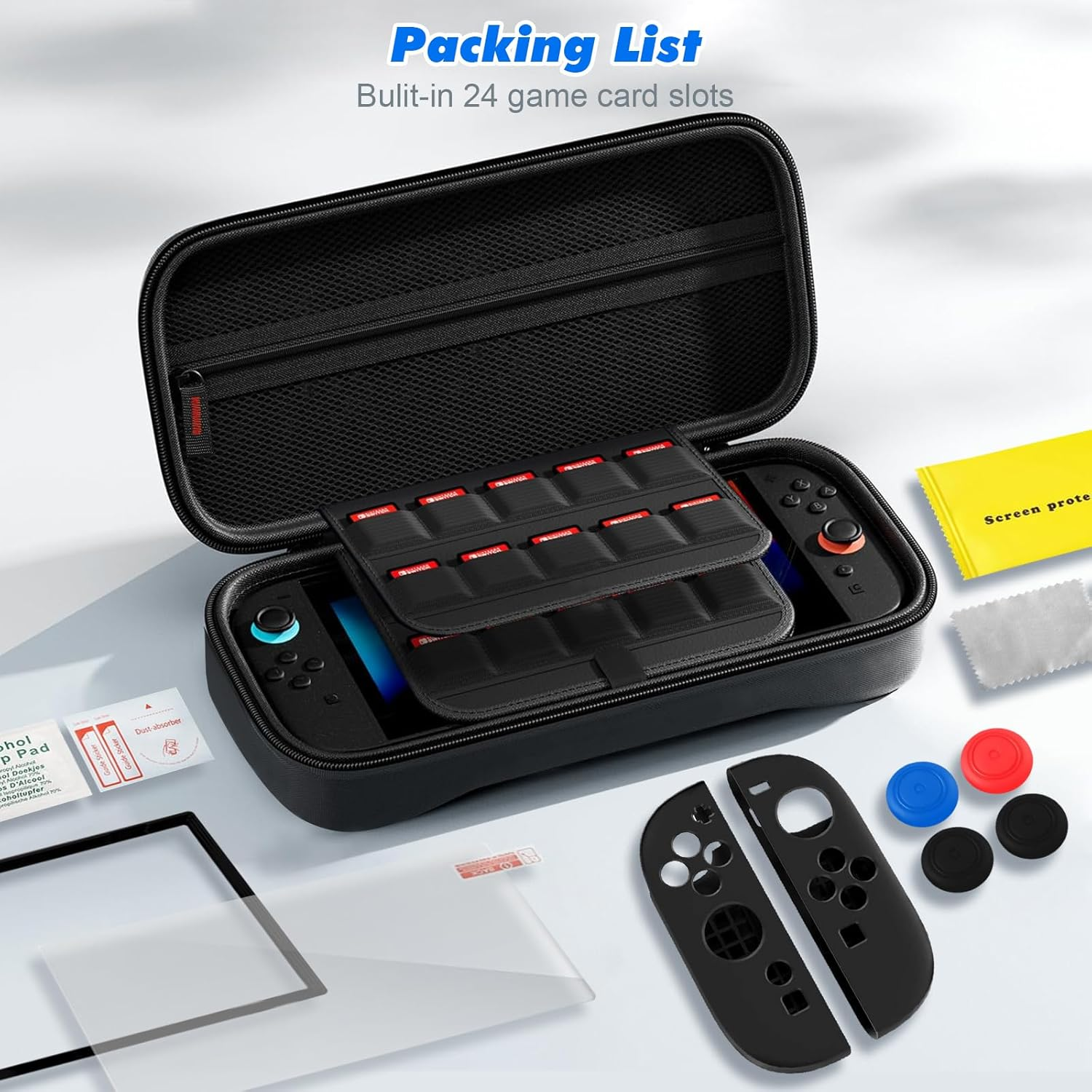 Large Capacity Carry Case for Nintendo Switch 2, Hard Shell Travel Case for Switch 2 with 1 Screen Protector with Alignment Frame, 2 Silicone Joypads Case, 4 Thumb Grip Caps, 1 Cleaning Wipe image number 3