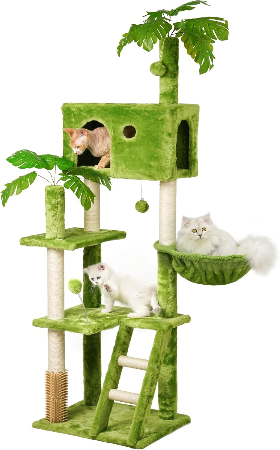 Meecal 65In Tall Cat Tree with Leaves for Indoor Cats, Green Cat Tower with Scratching Post,Hanging Hammock,Cozy Perch,Swing Ball,Self Groomer and Cat Ladder,Cat Tree Tower image number 3