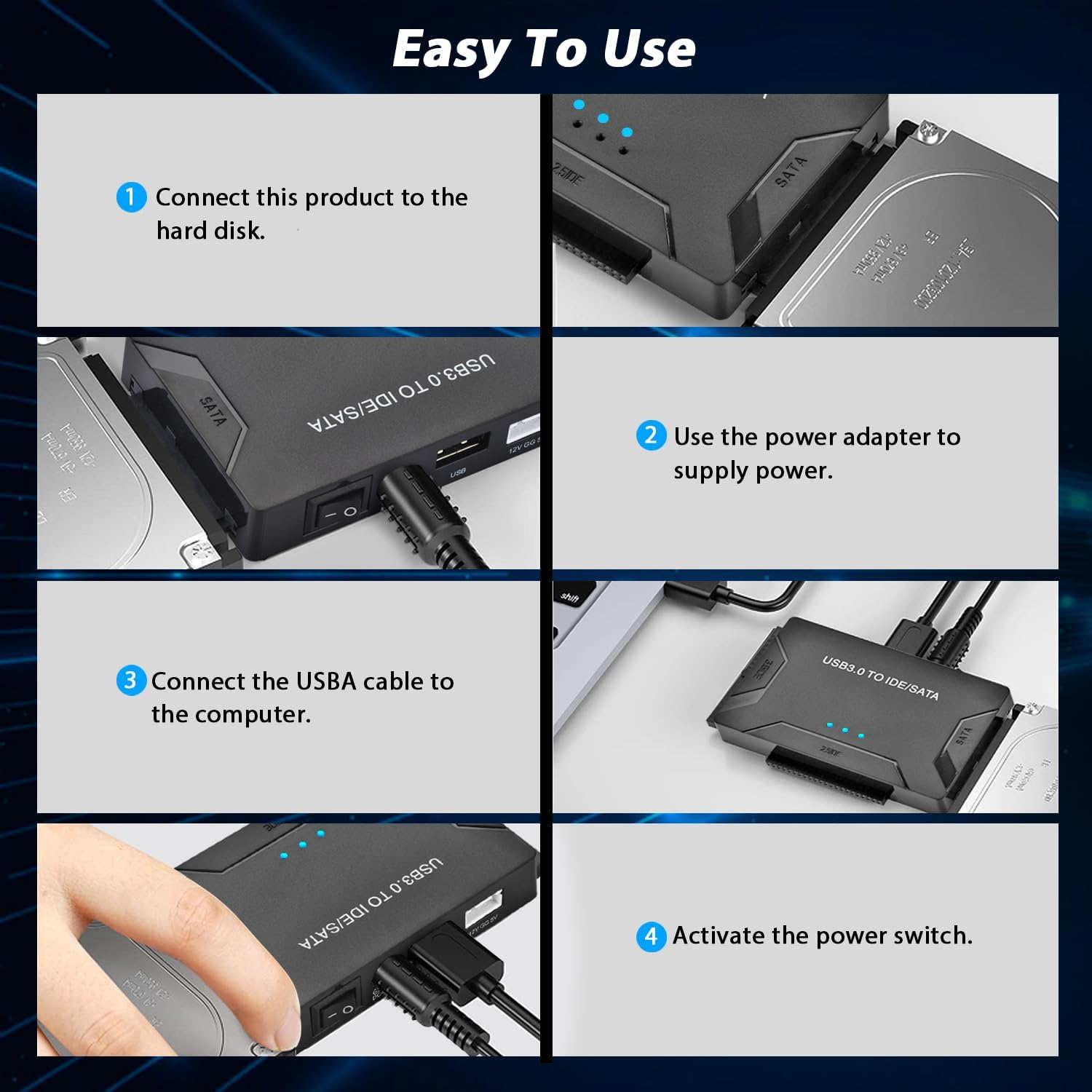 Amtake USB 3.0 to SATA IDE Hard Drive Reader, IDE to USB Adapter, External Hard Drive Converter for Universal 2.5/3.5 Inch HDD/SSD (With 12V 2A Power Supply) image number 5