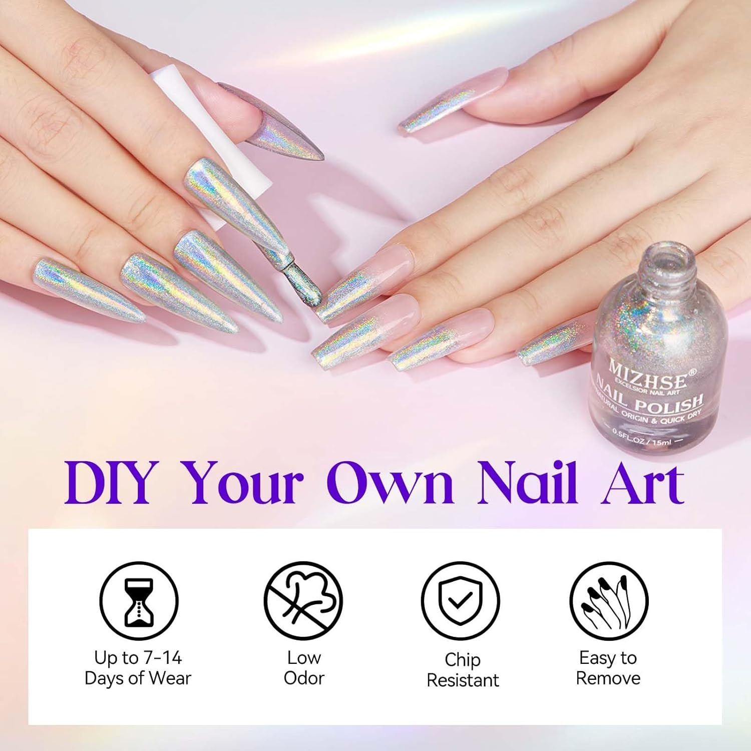 MIZHSE Holographic Nail Polish, Silver Glitter Nail Polish Air Dry Fast, 15 Ml 0.5 Fl Oz High Glossy Shiny Nail Pigment Oil-Based Laser Iridescent Nail Polish Chrome Halo Nail Art Salon Manicure Home image number 6