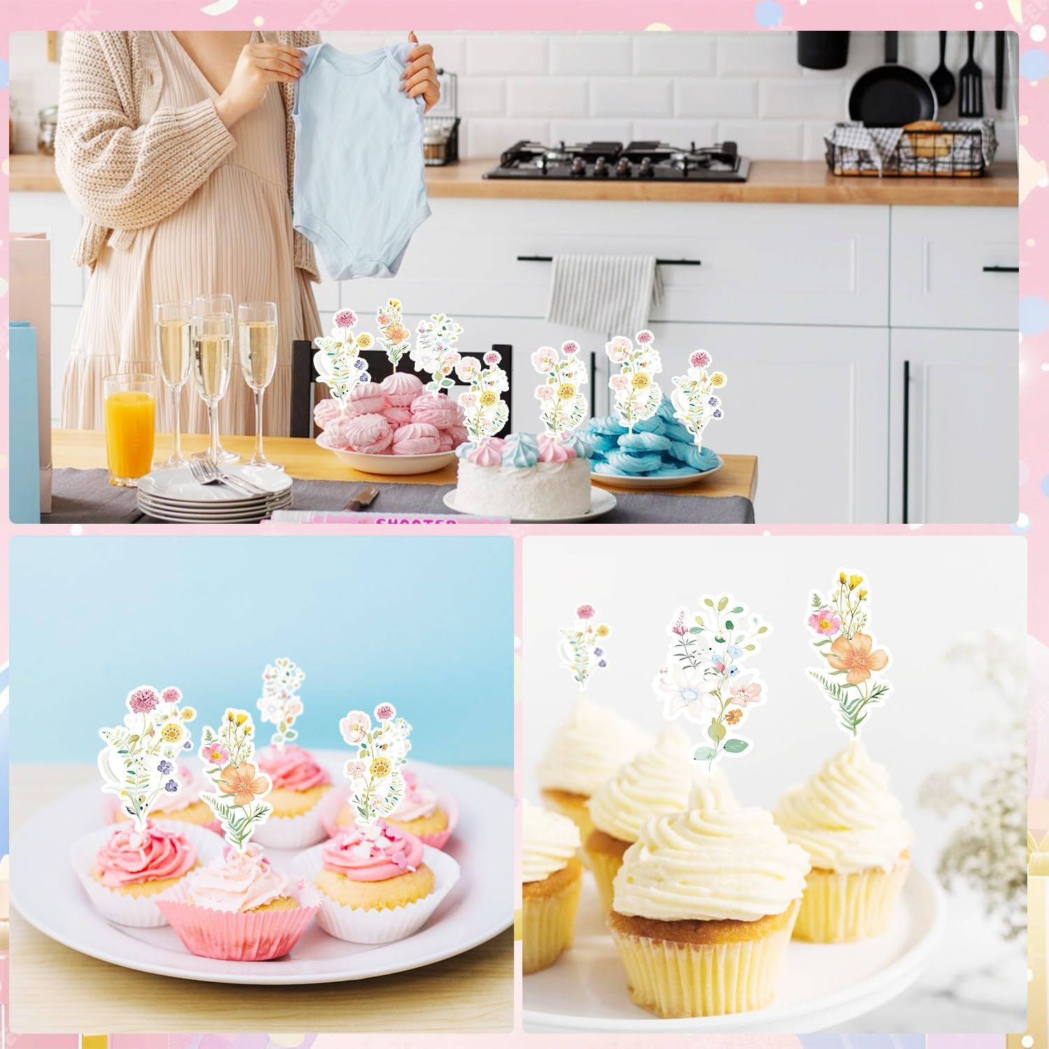 Rngmsi Wildflower Birthday Party Decorations - 40PCS Floral Cupcake Toppers Baby in Bloom Baby Shower Cake Decorations Wildflower Baby Shower Decorations Flower Birthday Cupcake Toppers Girls image number 6
