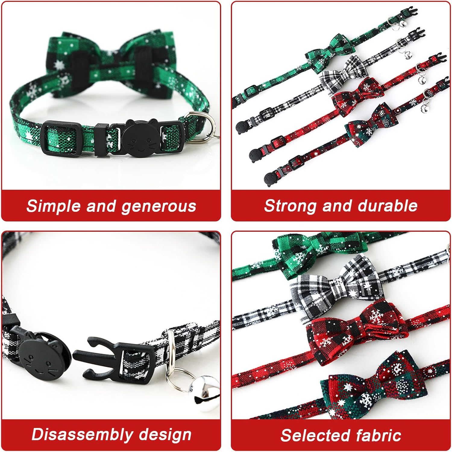 SPORWAY Pack of 4 Christmas Cat Collars, Christmas Neck Cat Collars, Pet Christmas Dog Collar, Removable Cat Bands with Bow and Bells, Collar for Small Dogs and Cats image number 5