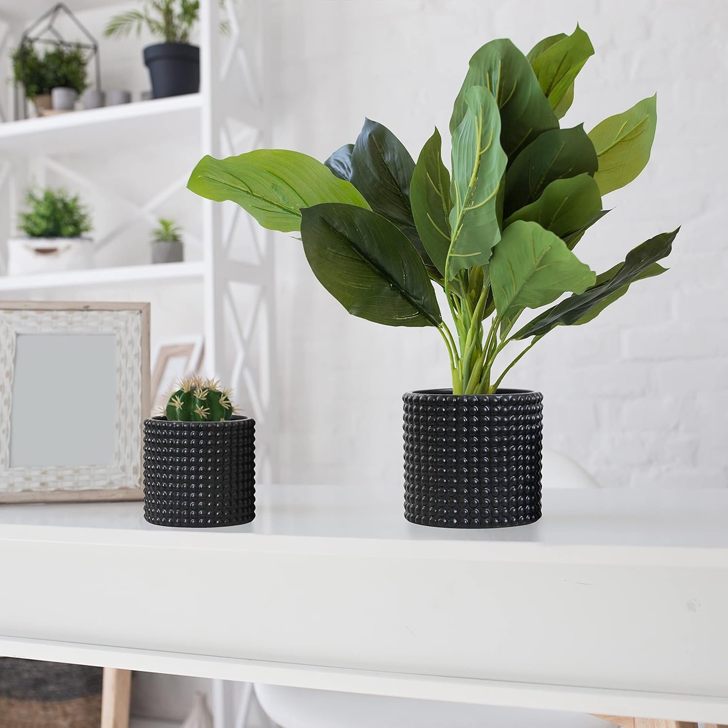 Milan Plant Pot Set - Black Ceramic Dots Plant Pots Indoor Set 2 Planters (Matt Black) image number 5