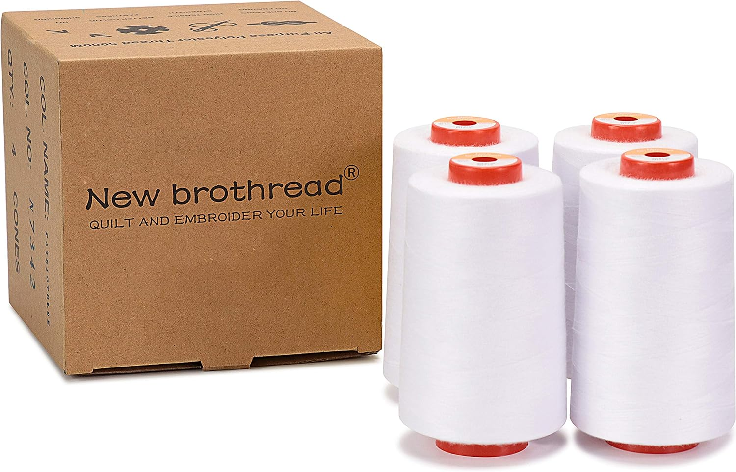 New Brothread Set of 4 Large Cones of 5500Y (5000M) Each All Purpose Spun Polyester Thread 40S/2 (Tex27) for Serger, Overlock, Quilting, Piecing and Sewing - White - 4Xblack image number 6