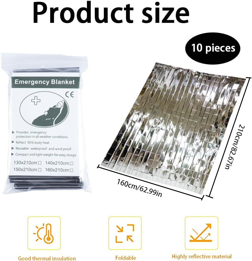 10Pcs Emergency Thermal Blankets, Survival Blankets Reflective First Aid, Blanket for Camping Hiking Outdoor Warm Insulated Heat Insulation and Waterproof,210X160Cm image number 1