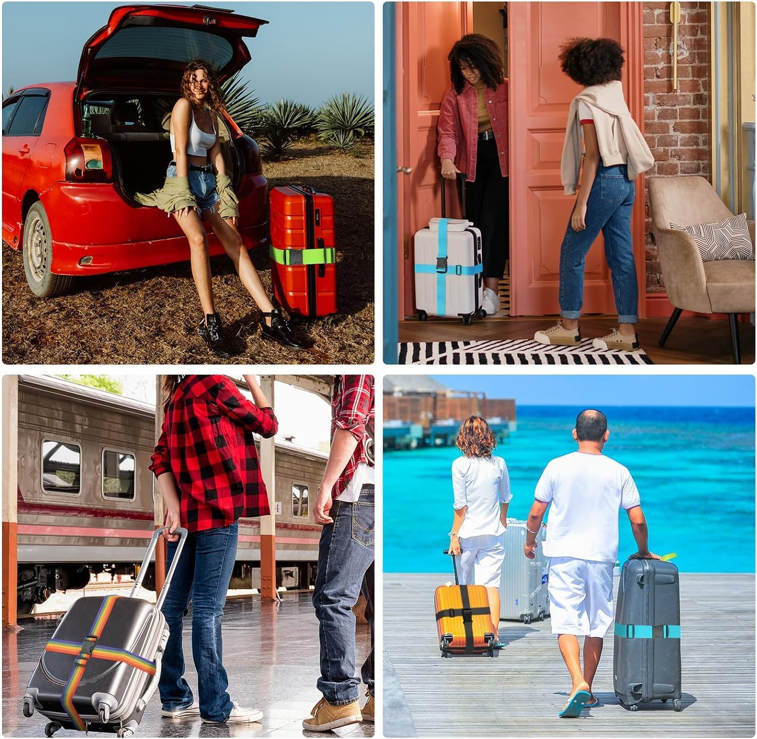 MKUCCD 8PCS Silicone Luggage Wheel Protective Covers and 4 Pack Luggage Straps 1.85M Long, Belts Keep Suitcase Secure While Traveling (Green/Orange) image number 3