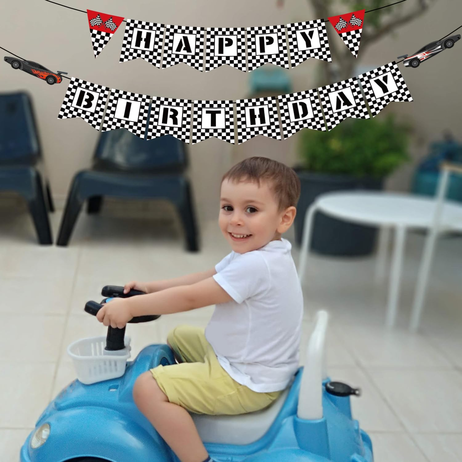 Race Car Birthday Banner, Black White Checkered Happy Birthday Banner Racing Themed Birthday Banner Race Car Party Decorations for Home Gardens Wall Office image number 5