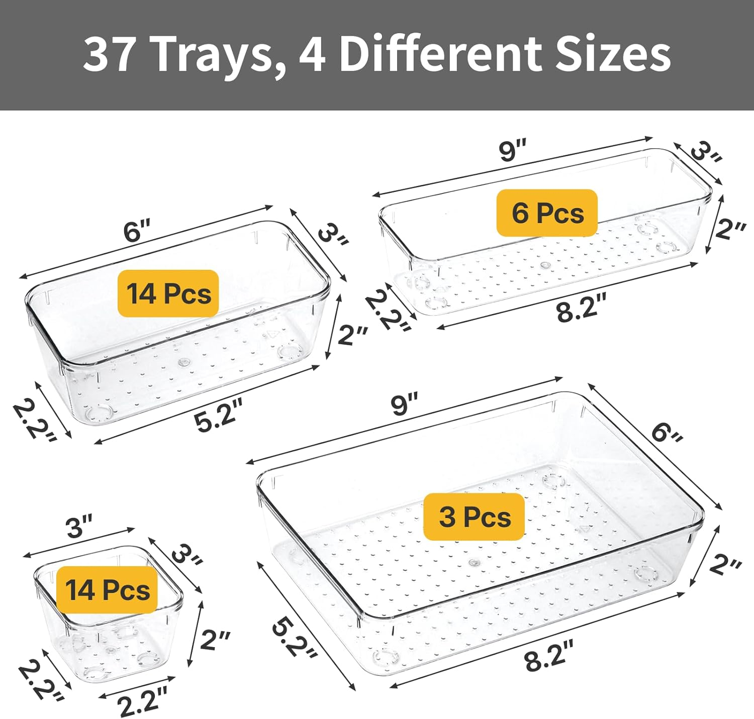 Aubeco 37 Pcs Clear Plastic Drawer Organisers, 4 Sizes Acrylic Storage Box, Non-Slip Desk Container for Makeup, Bathroom, Office, Kitchen, Bedroom, Jewelry image number 6