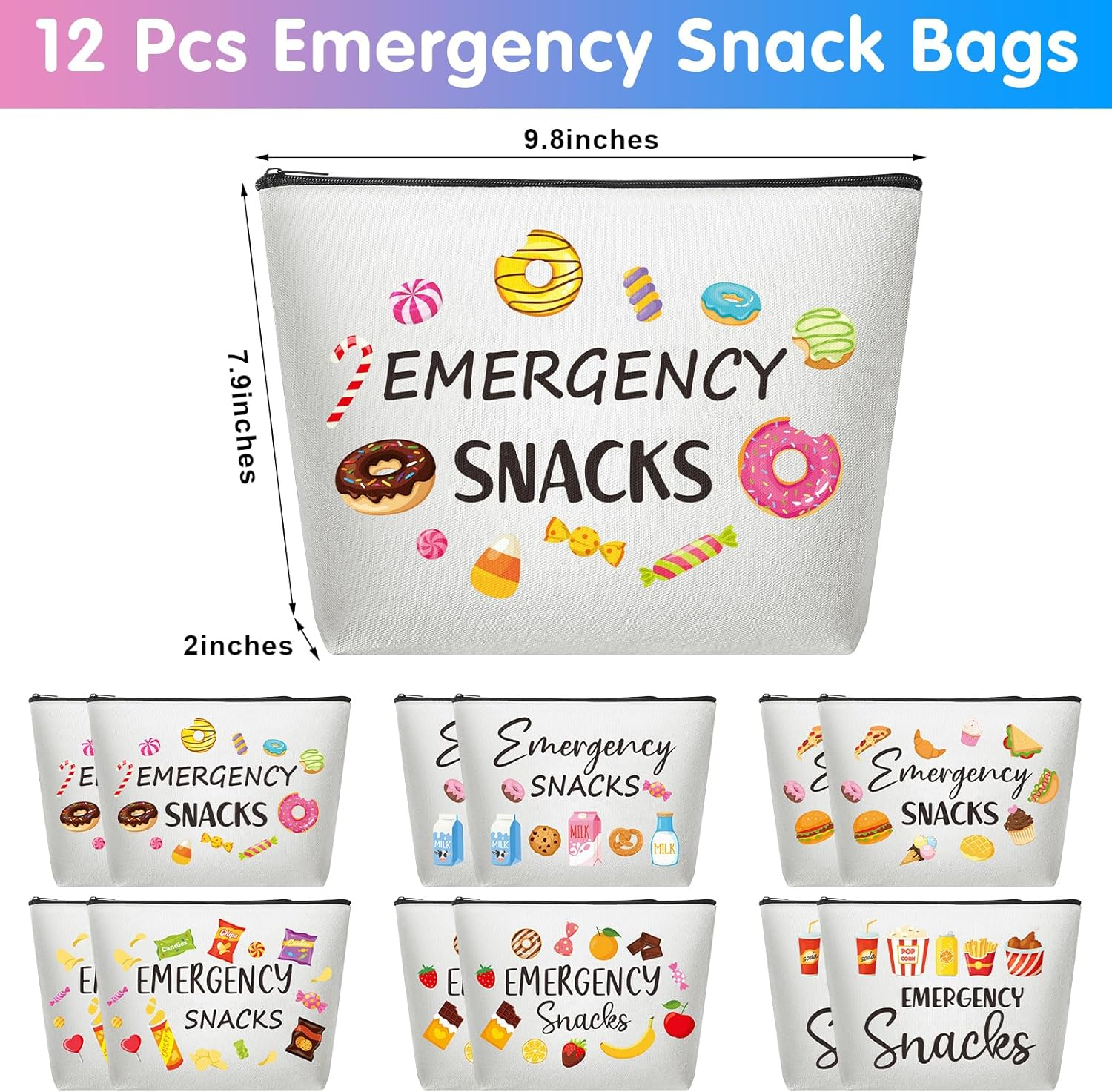 12 Pcs Emergency Snack Bags Bulk Food Makeup Bag Foodie Zipper Cosmetic Pouch Reusable Emergency Snack Pouch for Women Girls Trip Gifts Favors School Work Travel Organizer image number 3