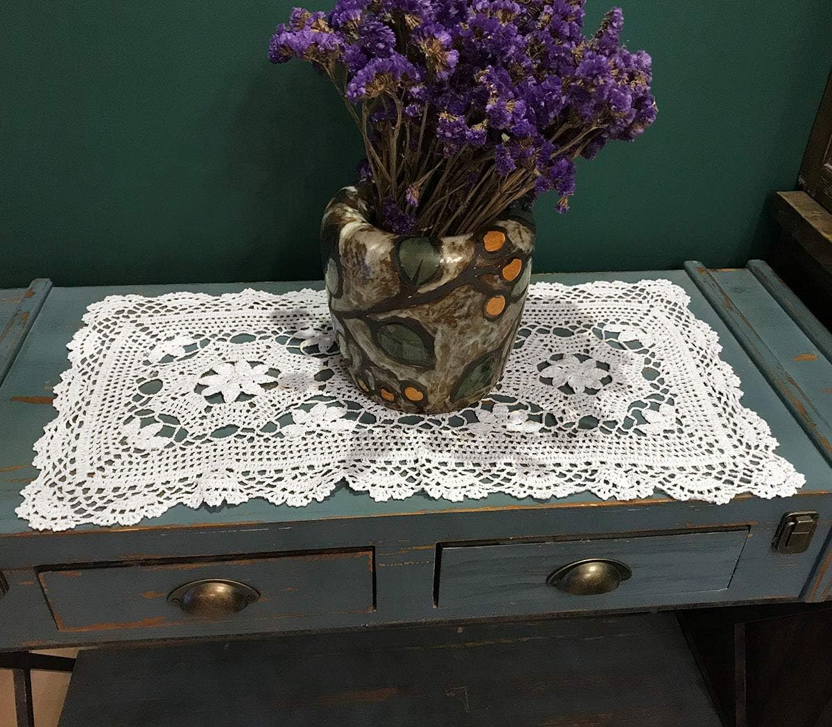Janef White Handmade Crochet Cotton Table Runner Lace Doilies Doily Rectangle Dresser Scarves,16 by 28 Inches. image number 7