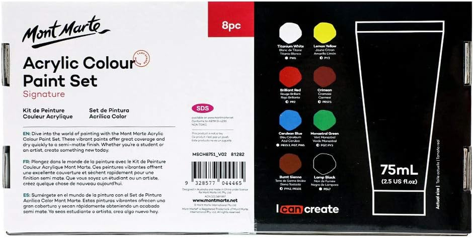 Mont Marte Signature Acrylic Colour Paint 8-Pieces Set, 75 Ml image number 4