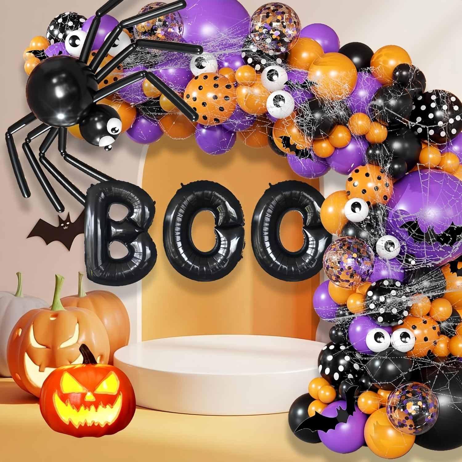 Longfng Halloween Decoration Set &ndash; Light-Up Pumpkin Lamp,128 Pcs Halloween Party Balloon Garland Arch Kit & Hand Pump for Indoor Outdoor Halloween Porch,Fireplace Funny Decor image number 3