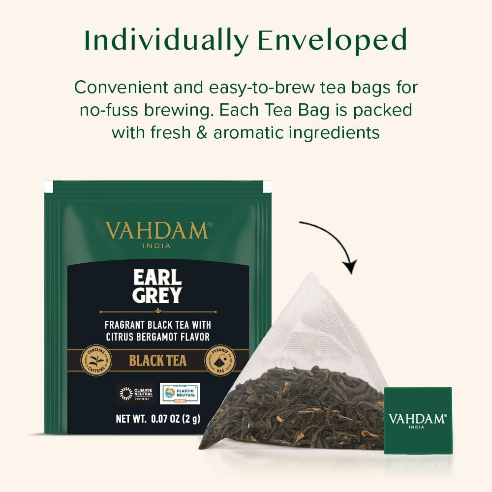 VAHDAM, Earl Grey Citrus, 15 Tea Bags | 100% Natural, Long Leaf Pyramid Tea Bags | Aromatic & Delicious, Black Tea Mixed with Natural Bergamot Oil | Packed at Source | Iced Tea Bags