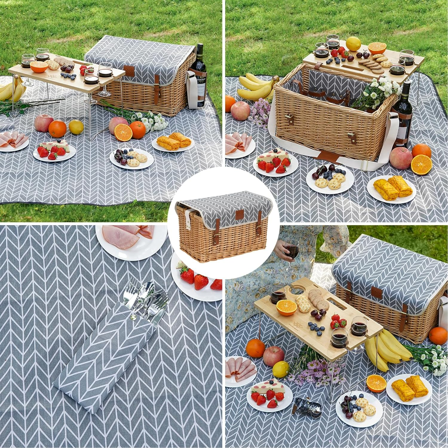 Luxury Picnic Basket, Wicker Picnic Set for 4, Picnic Hamper with Blanket & Portable Table for Camping and Outdoor Party - Gray image number 6
