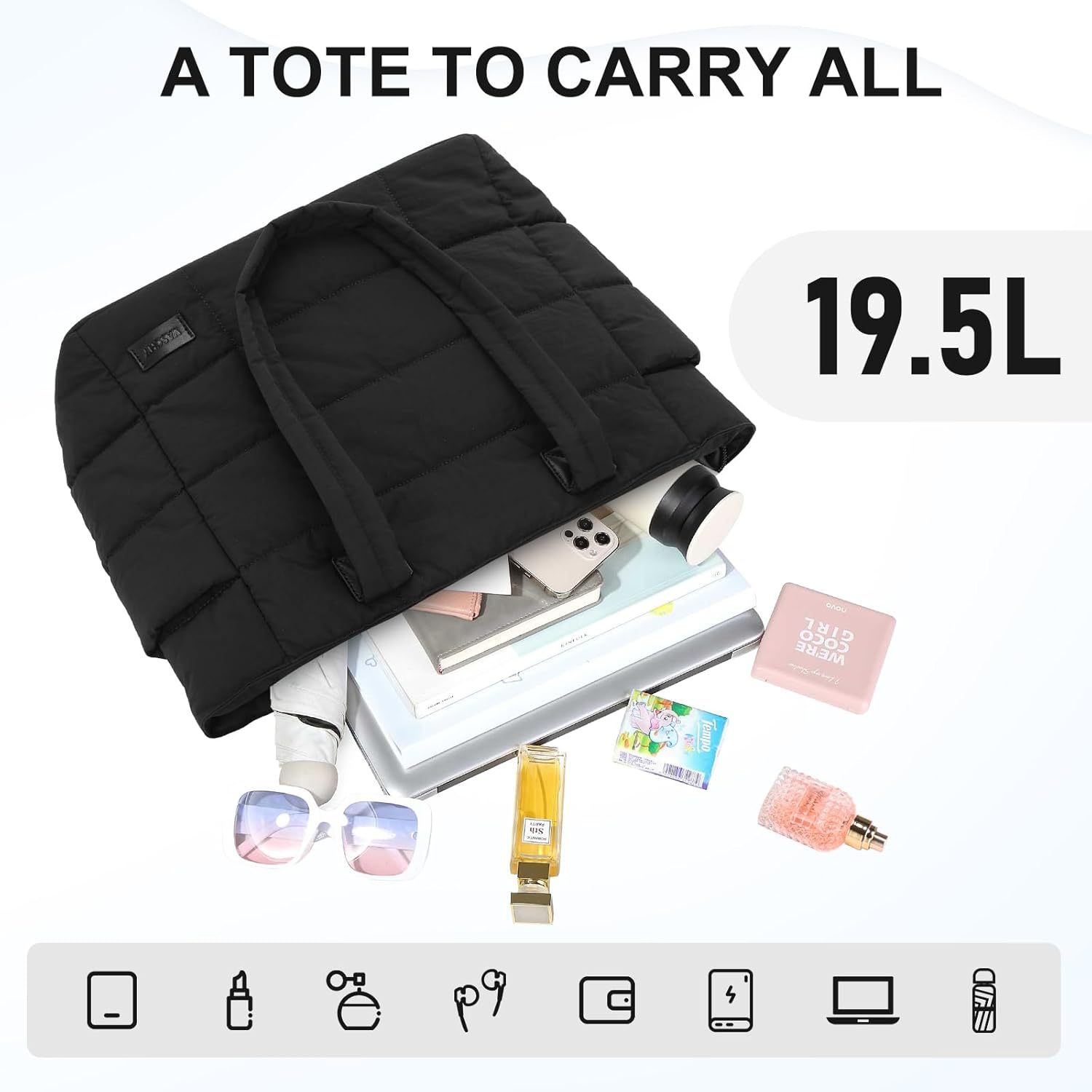 Tote Bag for Women, VASCHY Lightweight Large Quilted Puffer Work Tote with Laptop Compartments Zipper for Casual/Travel/Gym image number 3