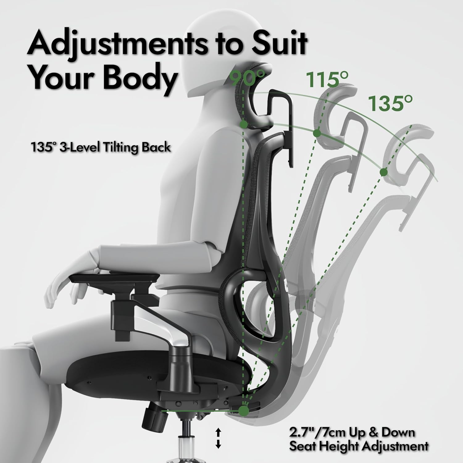 4D-Armrest Office Chair, High Back Gaming Chair with Lumbar Support, Ergonomic Office Chair with Adjustable Headrest, Computer Desk Chair with Mesh Backrest for Office & Home Use, Black image number 4