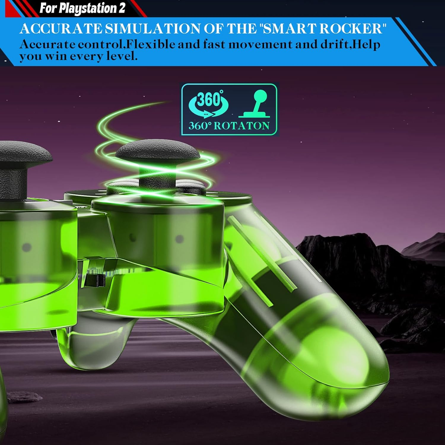 Wired Controller for PS2 Double Shock, 2 Pack Gamepad Remote Compatible with Play Station 2 (Clear Purple and Clear Grean) image number 5