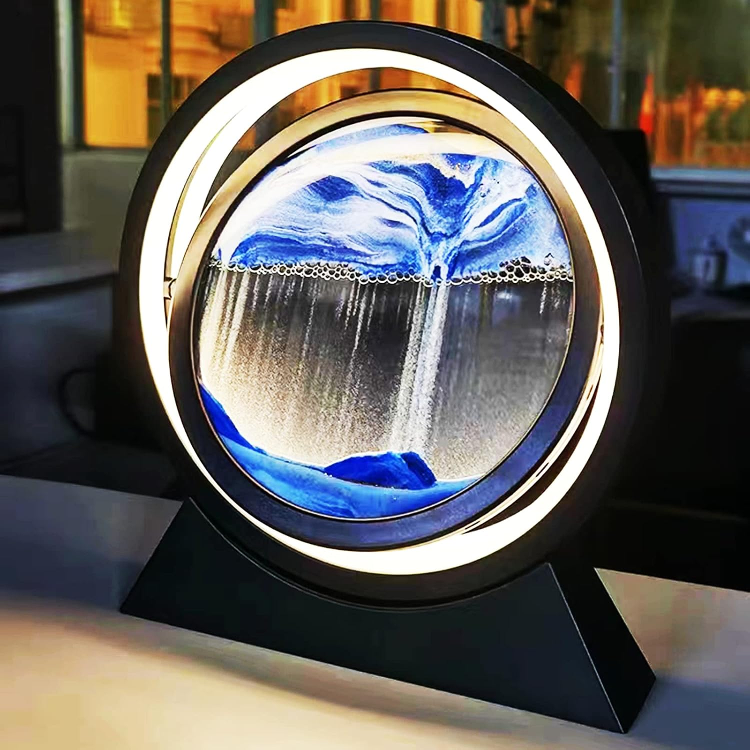 Yinhamnl Moving Sand Art Picture with Light, 3D Hourglass Deep Sea Sandscape Table Lamp, 360&deg; Rotatable Quicksand Decor Picture round Glass Creative Sand Painting Lamp,Life Home Desktop Decor(Blue)