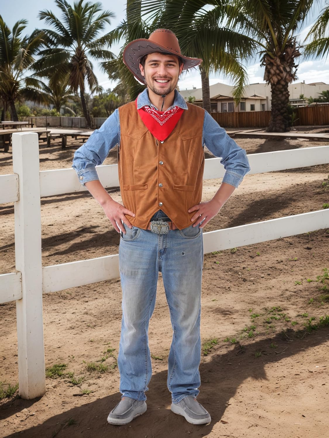 COSOUKE Cowboy Costume Halloween Costumes Men with Hat Vest Belt Red Bandana image number 5