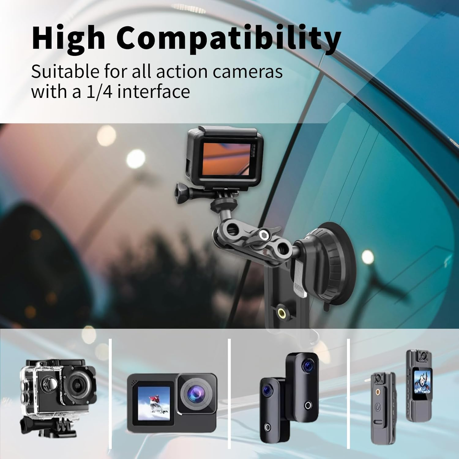 Double-Layer Suction Cup Mount for Gopro Hero11 10 9, DJI Osmo Action, Insta360 X3-360&deg; Adjustable Ball Head for Car Windshield, Durable and Strong Suction for Action Camera Photography SC-1K - 4193 image number 2