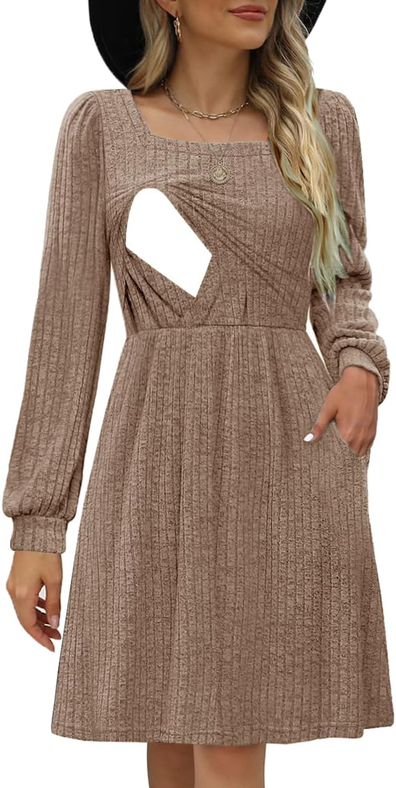 Womens Nursing Fall Dresses Square Neck Long Sleeve Winter Knit Sweater Dress 2024 with Pockets