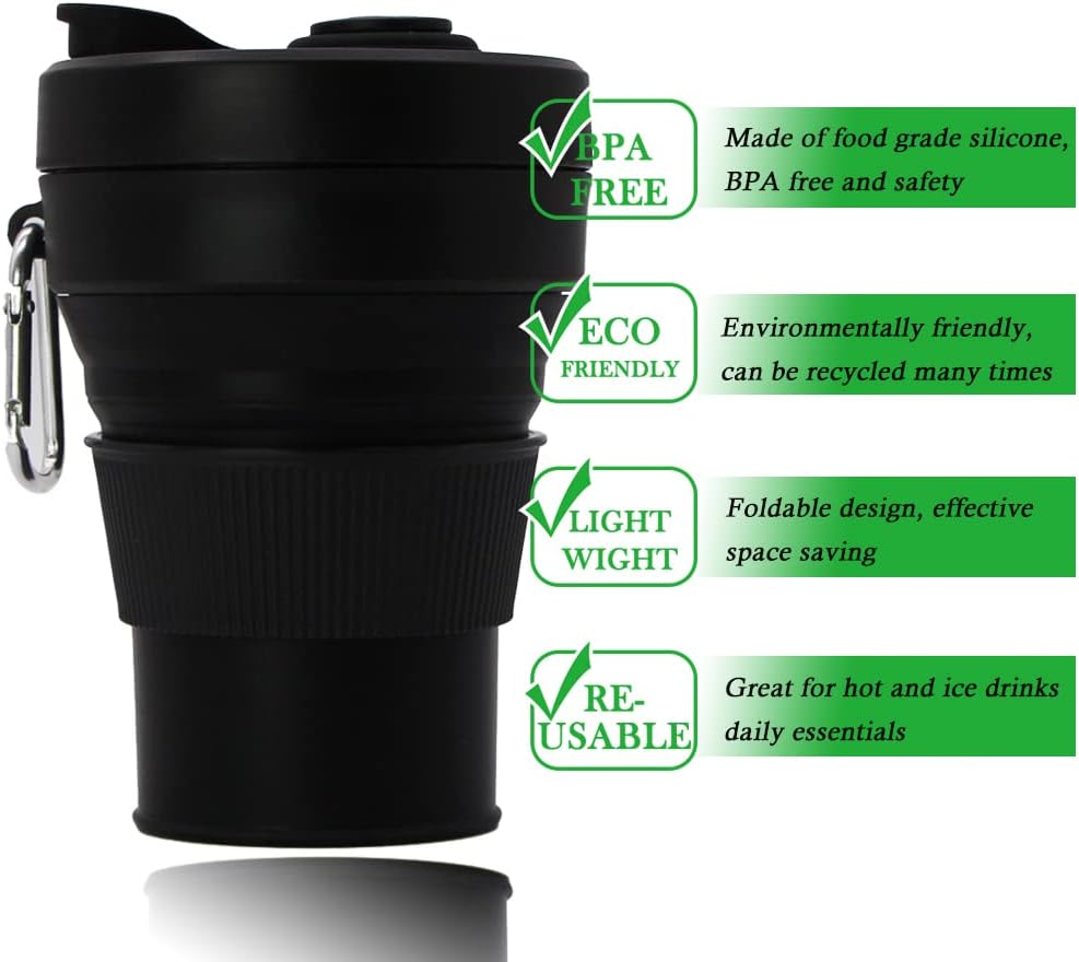 Silicone Coffee Mug Collapsible Cups for Camping Folding Travel with Straw Reusable Portable Drinking Cups Outdoor Hiking 450Ml (Black-450Ml, 1) - Black image number 5