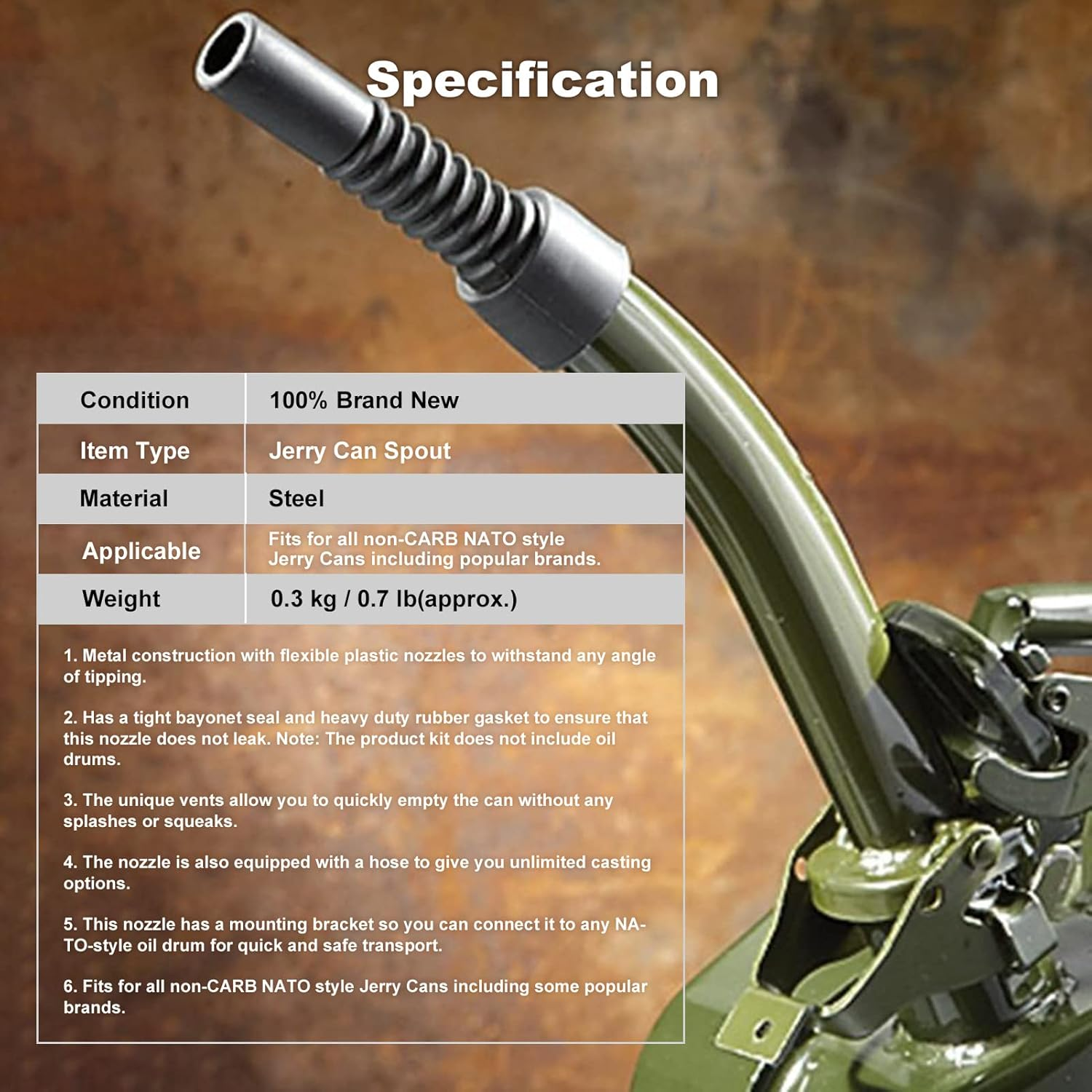 Fuel Can Spout - Flexible Jerry Can Spout Metal Fuel Can Nozzle for All Non-Carb NATO Style Jerry Cans