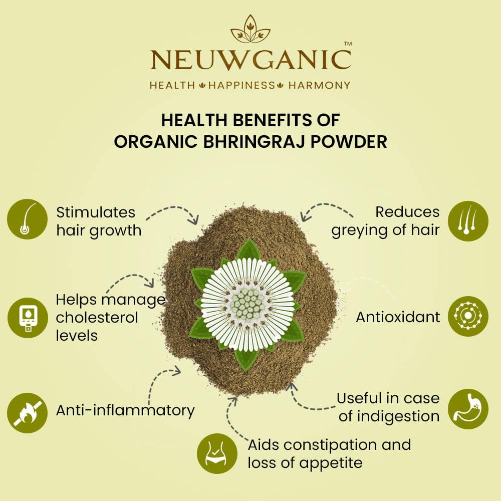 Neuwganic - Organic Bhringraj Powder | India Organic and USDA Organic Certified | Ideal for Hair Care | 200 Gm Pack of 1
