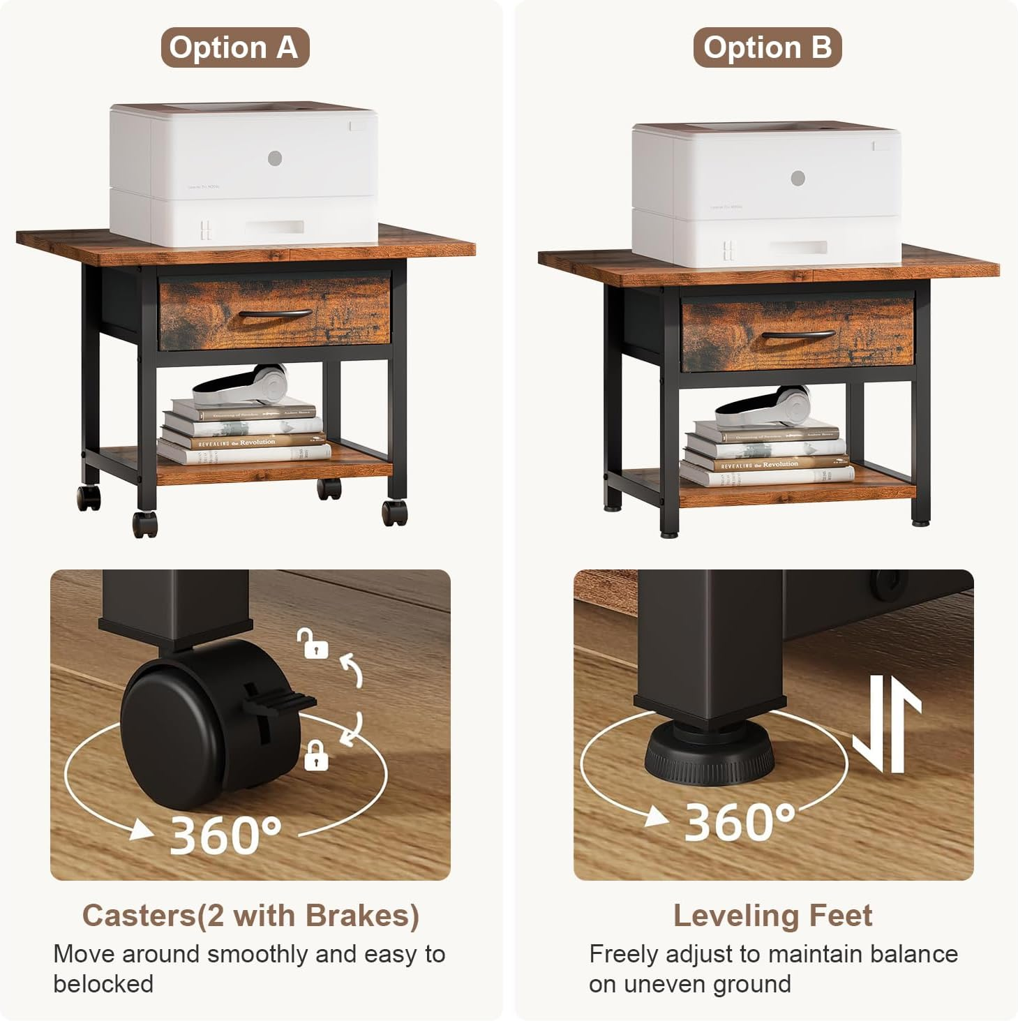 Huaniun 2 Tier Desktop Printer Stand with Storage Drawer, under Desk Printer Table, Multi-Purpose Desk Organizer Storage Shelf, Desktop Office Shelf with Wheels image number 5